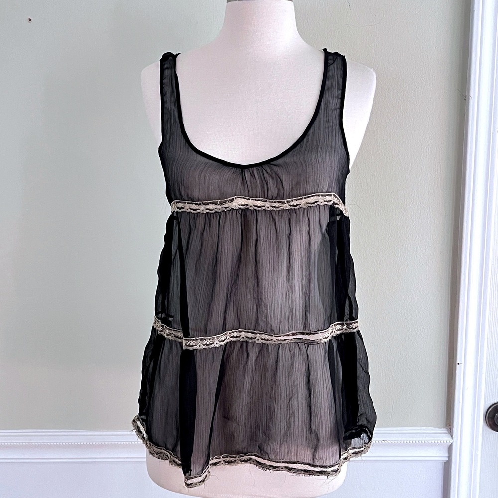 Black Sheer Babydoll Tank Top Womens Small Sheer Tiered Lace Trim Black Coquette